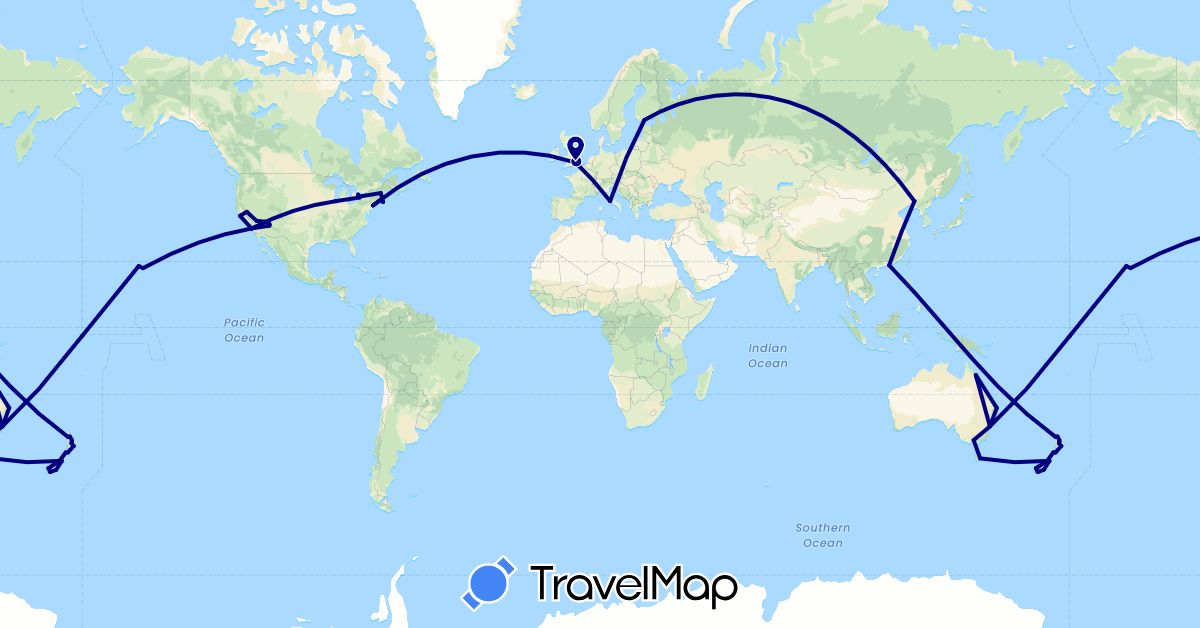 TravelMap itinerary: driving in Australia, Canada, China, Finland, United Kingdom, Italy, New Zealand, United States (Asia, Europe, North America, Oceania)