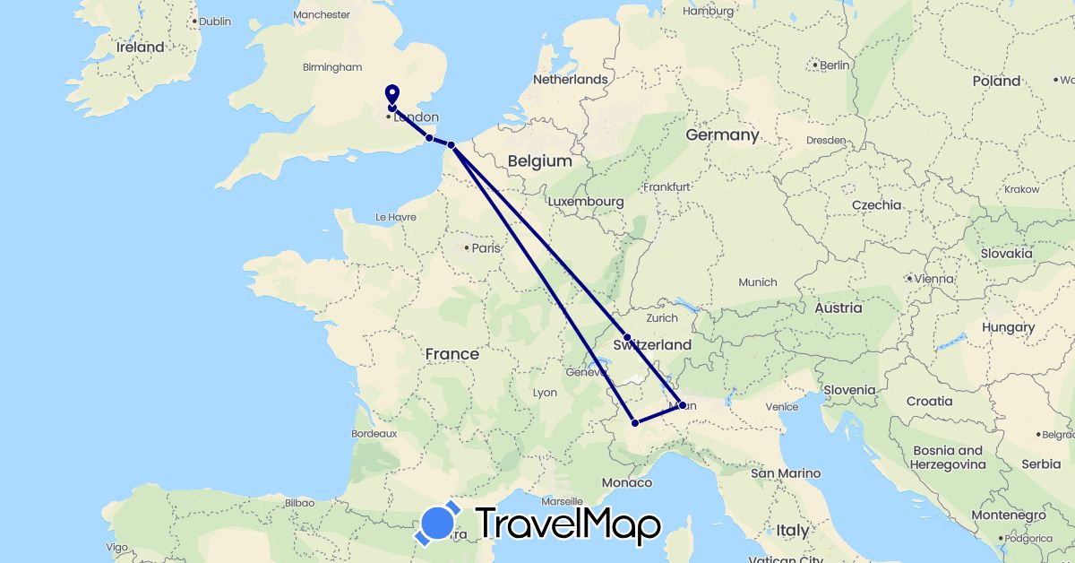 TravelMap itinerary: driving in Switzerland, France, United Kingdom, Italy (Europe)